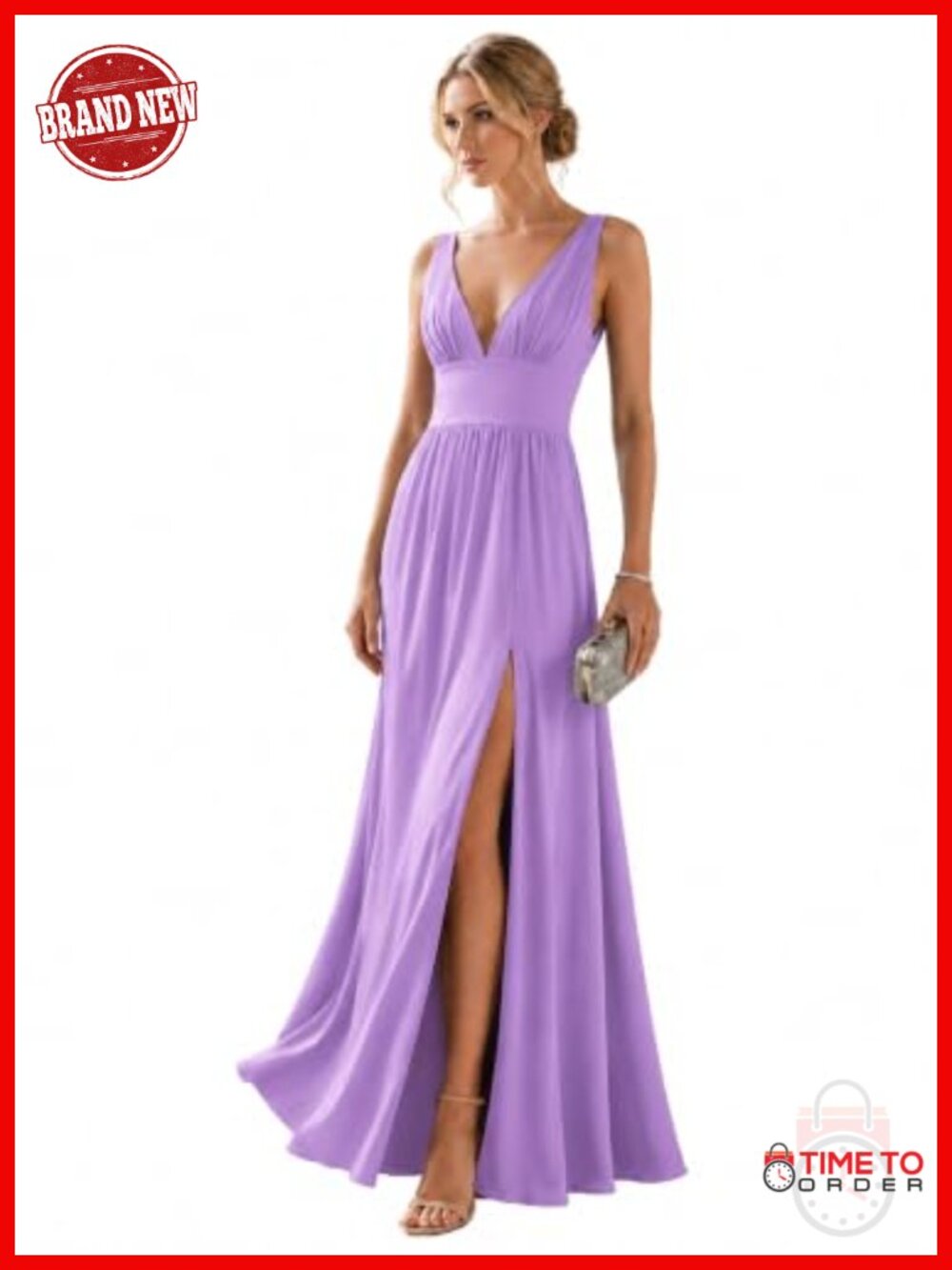 Formal V-Neck Sleeveless A-Line Dress Side Slit Knit Wedding Guest